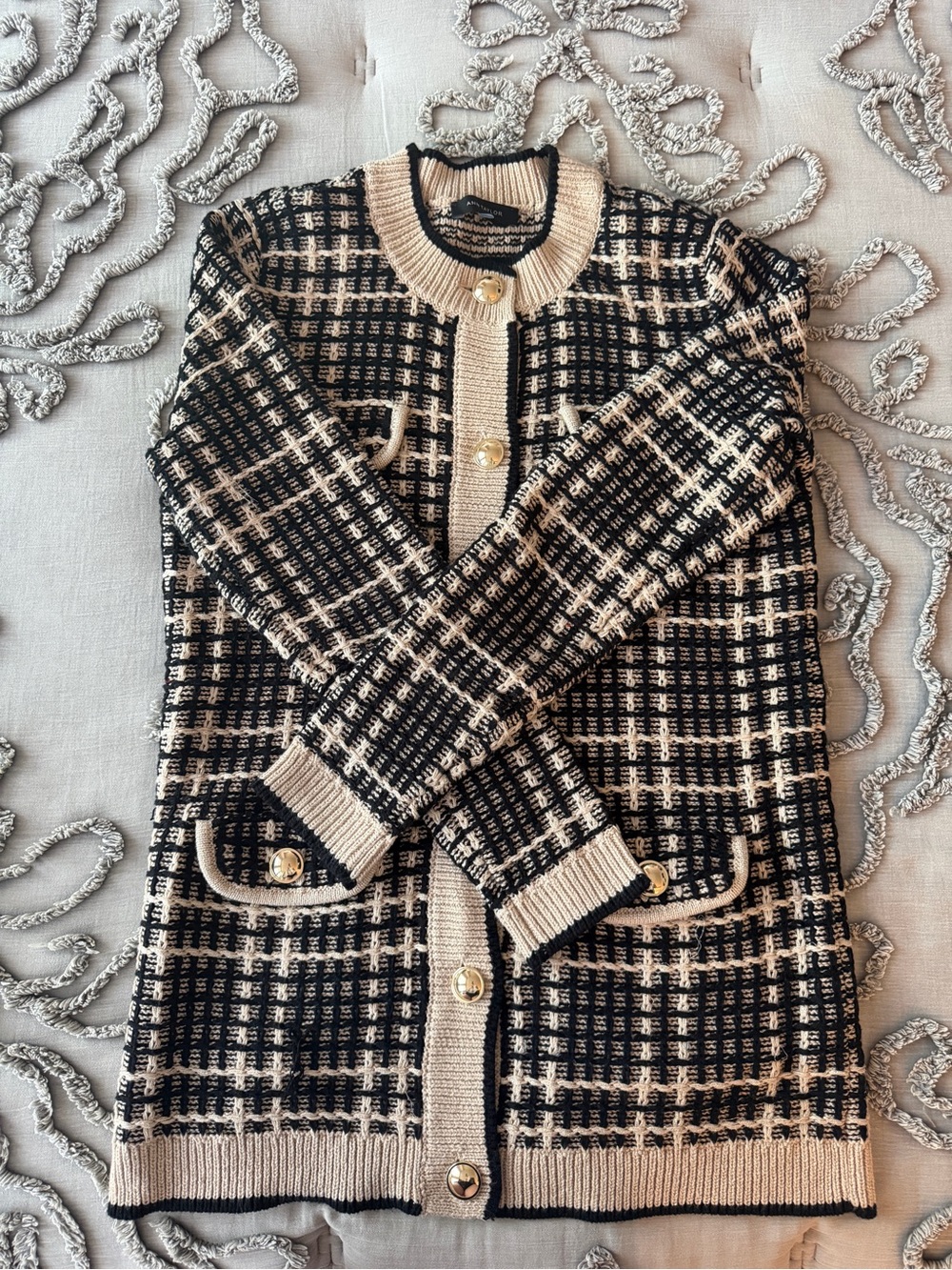 Ann Taylor Black & Cream Knit Plaid Cardigan Jacket